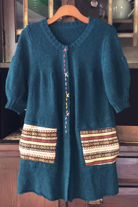 Teal Wool Hand Knit Sweater Coat with Hand Stitch… - image 3