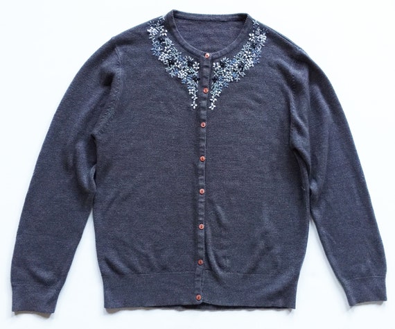 Charcoal Grey Wool Blend Ribbon Embroidered Cardi… - image 2