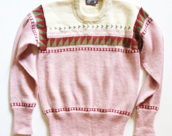Jersey de cuello redondo de lana rosa y crema tejido a mano de los años 70