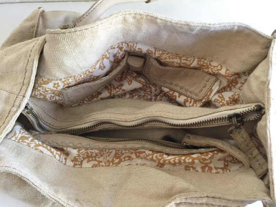 Vintage Linen and Leather Hobo Bag 49 SQ MILES SF - image 5