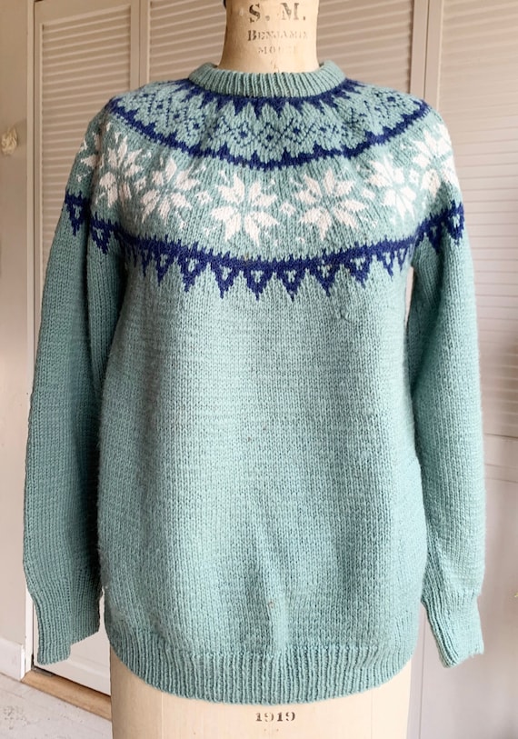 Vintage Sage Green Nordic Hand Knit Sweater