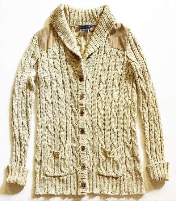 Natural Linen Cabled Long Cardigan Suede Detail