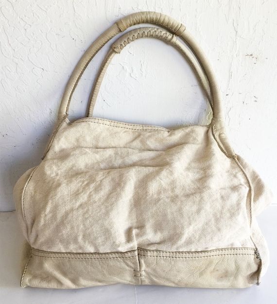 Vintage Linen and Leather Hobo Bag 49 SQ MILES SF - image 1
