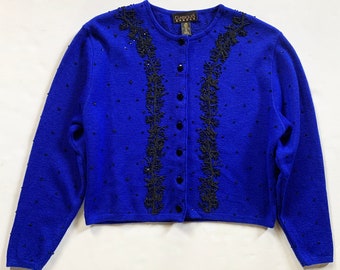 1980s Cobalt Blue Merino Wool Black Beaded Cardigan