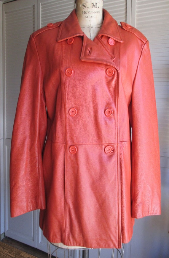 1980s Orange Leather Mod Military Peacoat