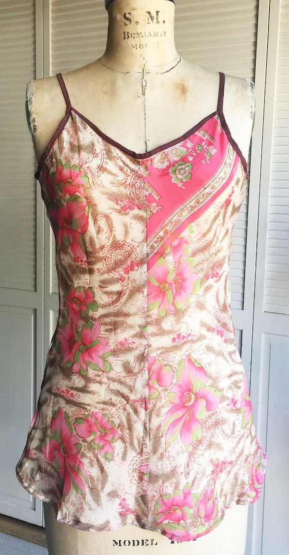 Coral Pink Silk Floral Bias Cut Camisole Top