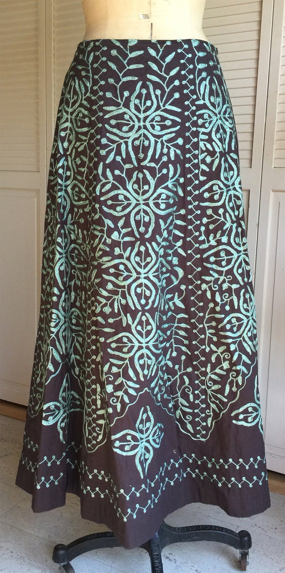 Vintage Brown Cotton Long Skirt Green Embroidery - image 2