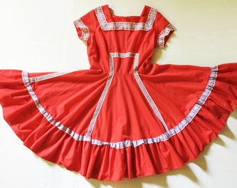 Vintage 1960s Red Square Dance Dress with Lace Trim