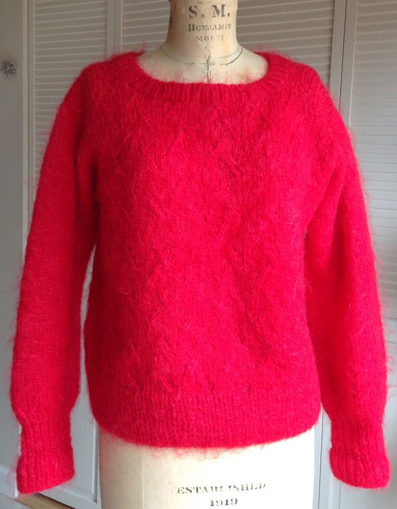 1980s Tomato Red Hand Knit Mohair Sweater Lattice… - image 3