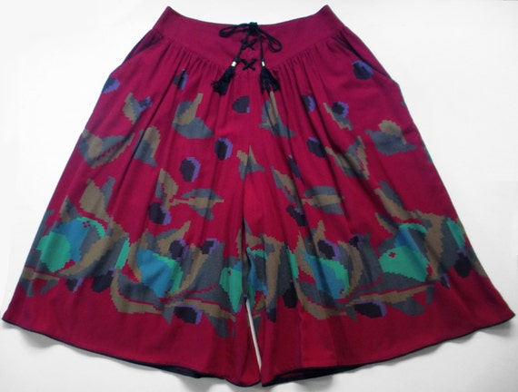 1970s Maroon Floral Cotton Culottes Joseph Magnin