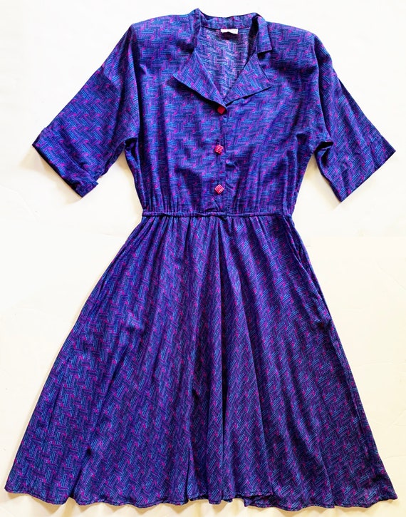 1980s Retro Style Blue Purple Dress Red Buttons