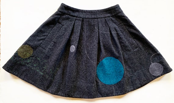 Charcoal Grey Wool Flared Skirt with Applique & S… - image 1