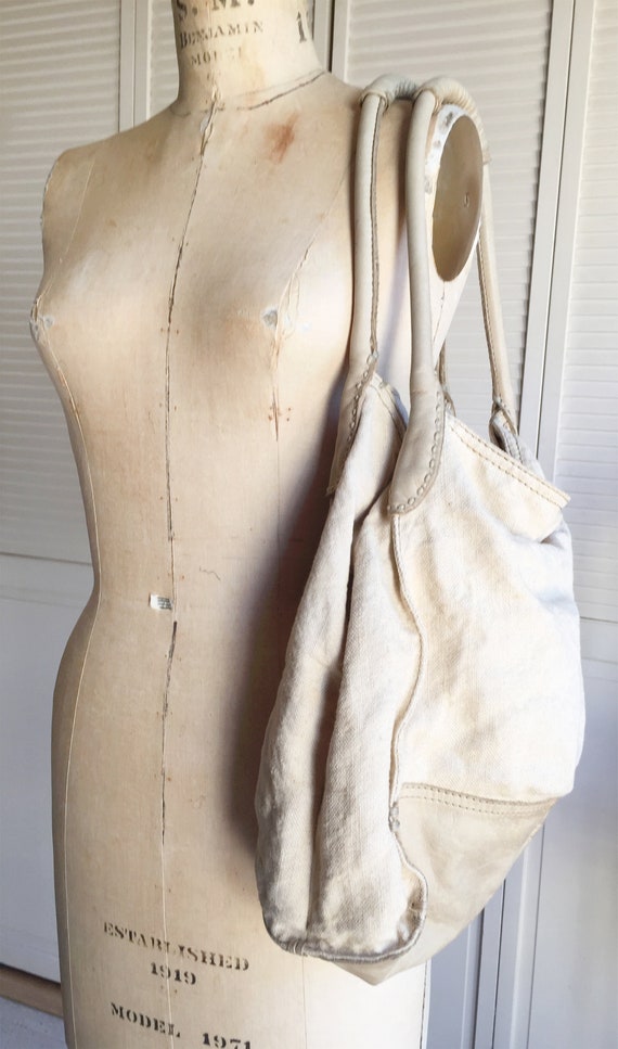 Vintage Linen and Leather Hobo Bag 49 SQ MILES SF - image 2