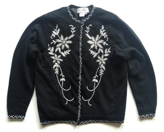 Vintage Black Silver Beaded Embellished Cardigan L - image 1