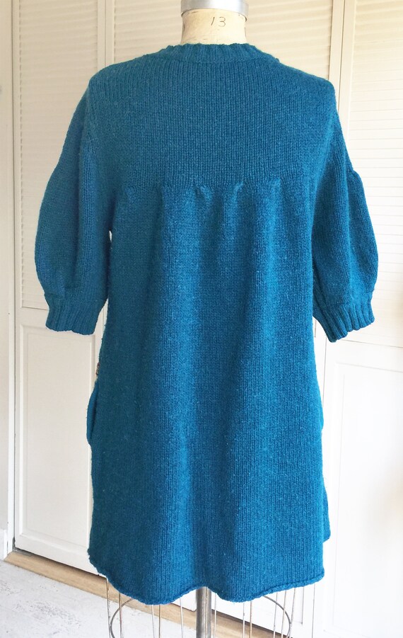 Teal Wool Hand Knit Sweater Coat with Hand Stitch… - image 6