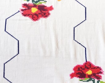 Vintage 1950s Cross Stitch Embroidered Floral Tablecloth