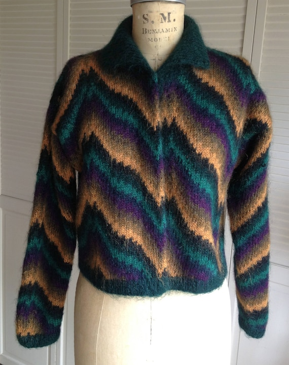 1980s Mohair Green and Gold Hand Knit Chevron Card