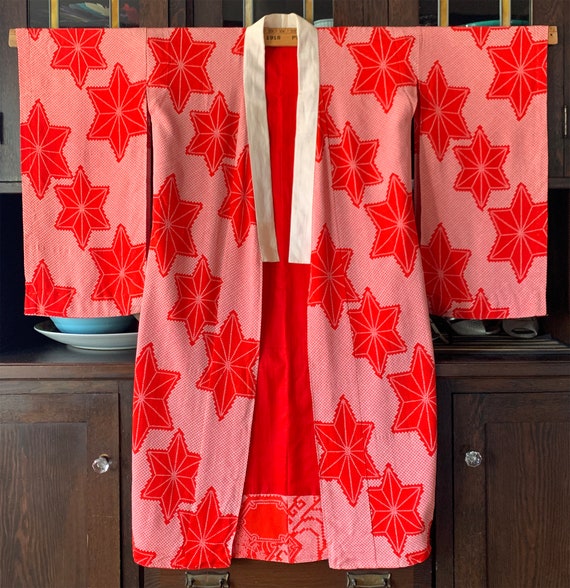 1950s Red and White Shibori Leaf Print Kimono Lon… - image 2