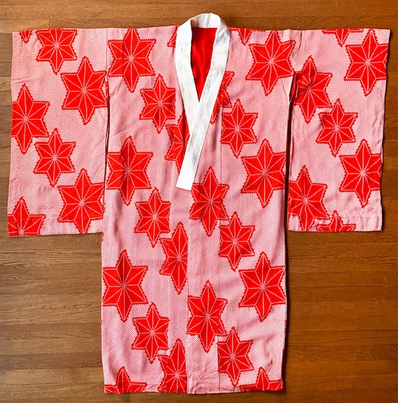 1950s Red and White Shibori Leaf Print Kimono Lon… - image 1