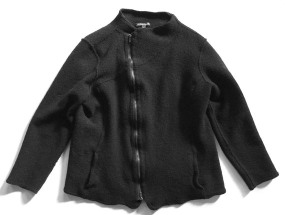 Black Boiled Wool Zip Front Jacket Eileen Fischer