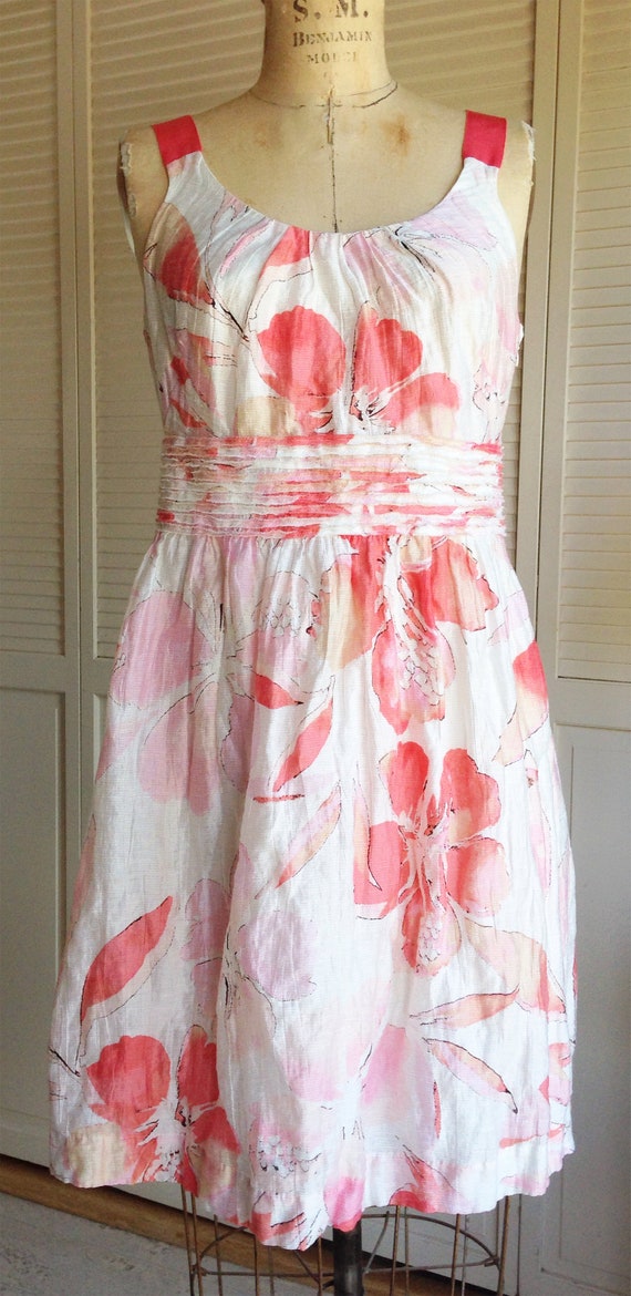 Coral and White Watercolor Floral Linen Blend Dre… - image 4