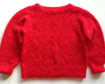 Patrón de celosía de suéter de mohair tejido a mano rojo tomate de los años 80