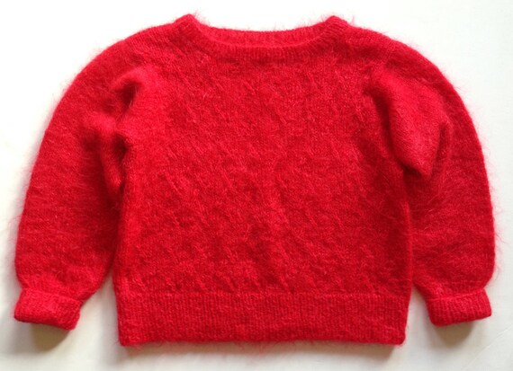 1980s Tomato Red Hand Knit Mohair Sweater Lattice… - image 1