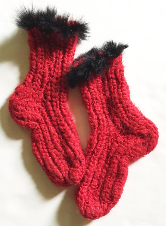 Red Hand Knit Knit Sox with Black Fur Trim