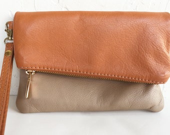 1980s 2 Tone Leather Wristlet Purse Italy