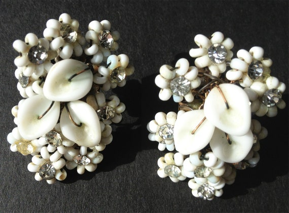 Vintage 1940s Milk Glass and Rhinestone Screw Bac… - image 1