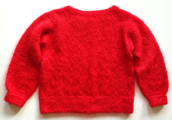 1980s Tomato Red Hand Knit Mohair Sweater Lattice… - image 2