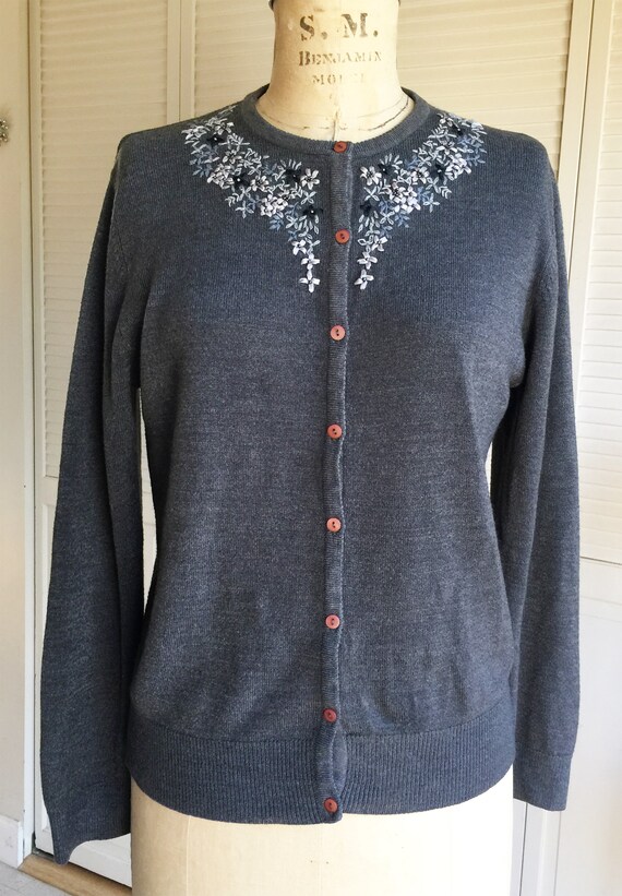 Charcoal Grey Wool Blend Ribbon Embroidered Cardi… - image 4