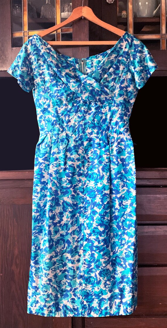 1960s Blue and Turquoise Floral Silk Sheath - image 6