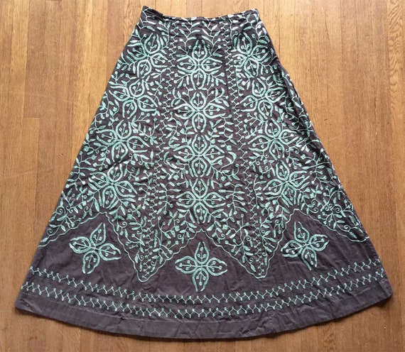 Vintage Brown Cotton Long Skirt Green Embroidery - image 1
