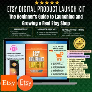 Op de afbeelding: Etsy Digital Product Launch Kit, de beginnersgids voor het starten en laten groeien van een echte Etsy-shop. Bevat een hoofdhandleiding in PDF, een audioboek in MP3, 10 pro-add-ons en extra bonustools zoals listing-sjablonen en SEO-checklists.