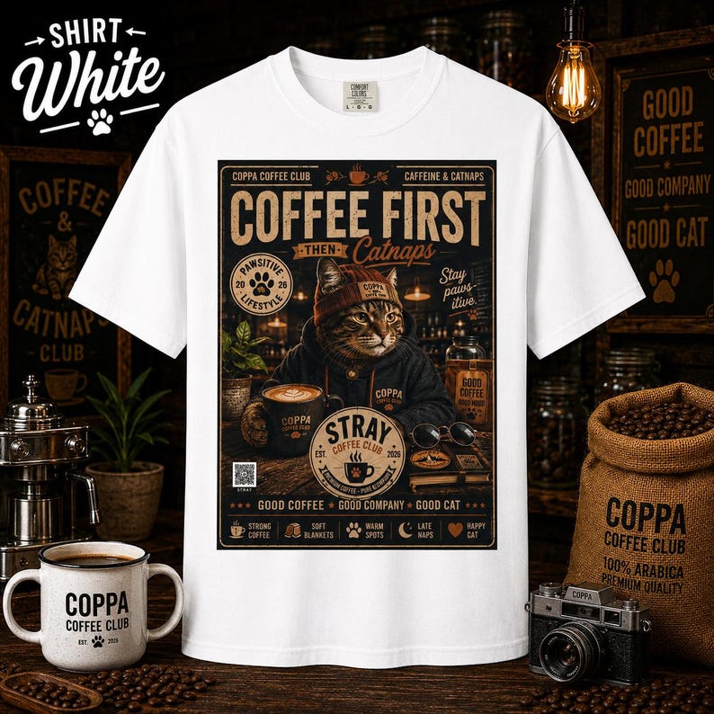 May include: A white t-shirt featuring a graphic print of a cat wearing a beanie and hoodie, sitting at a table with a coffee mug. The text reads COFFEE FIRST THEN Catnaps, COPPA COFFEE CLUB, and STRAY COFFEE CLUB, along with various coffee-themed icons.