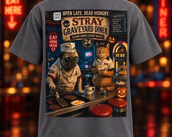 Unisex Pug Shirt, Spooky Diner Pug and Cat Halloween Tee, Retro Graphic Tee, Dog Cat Lover Gift, Graveyard Diner Open Late