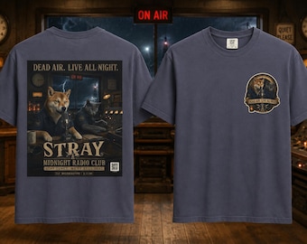 Custom Unisex Spooky Pet Shirt, Shiba Inu and Cat Radio Tee, Halloween Music DJ Graphic Tee, Dog Cat Lover Gift, Dead Air Live All Night