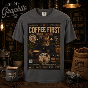 May include: A charcoal gray t-shirt featuring a graphic print of a cat wearing a beanie and hoodie. The text reads COFFEE FIRST THEN Catnaps, COPPA COFFEE CLUB, CAFFEINE & CATNAPS, STRAY COFFEE CLUB, and GOOD COFFEE GOOD COMPANY GOOD CAT.