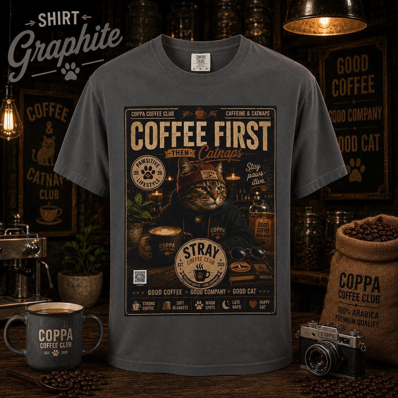 May include: A charcoal gray t-shirt featuring a graphic print of a cat wearing a beanie and hoodie. The text reads COFFEE FIRST THEN Catnaps, COPPA COFFEE CLUB, CAFFEINE & CATNAPS, STRAY COFFEE CLUB, and GOOD COFFEE GOOD COMPANY GOOD CAT.