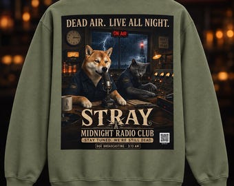 Unisex Spooky Pet Sweatshirt, Shiba Inu and Cat Radio Crewneck, Dog Cat Lover Gift, Dead Air Live All Night