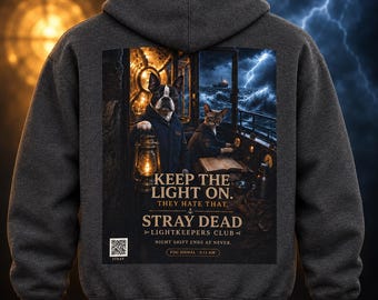 Custom Unisex Boston Terrier Hoodie, Spooky Lighthouse Cat Halloween Hoodie, Gothic Hoodie, Dog Cat Lover Gift, Keep the Light On