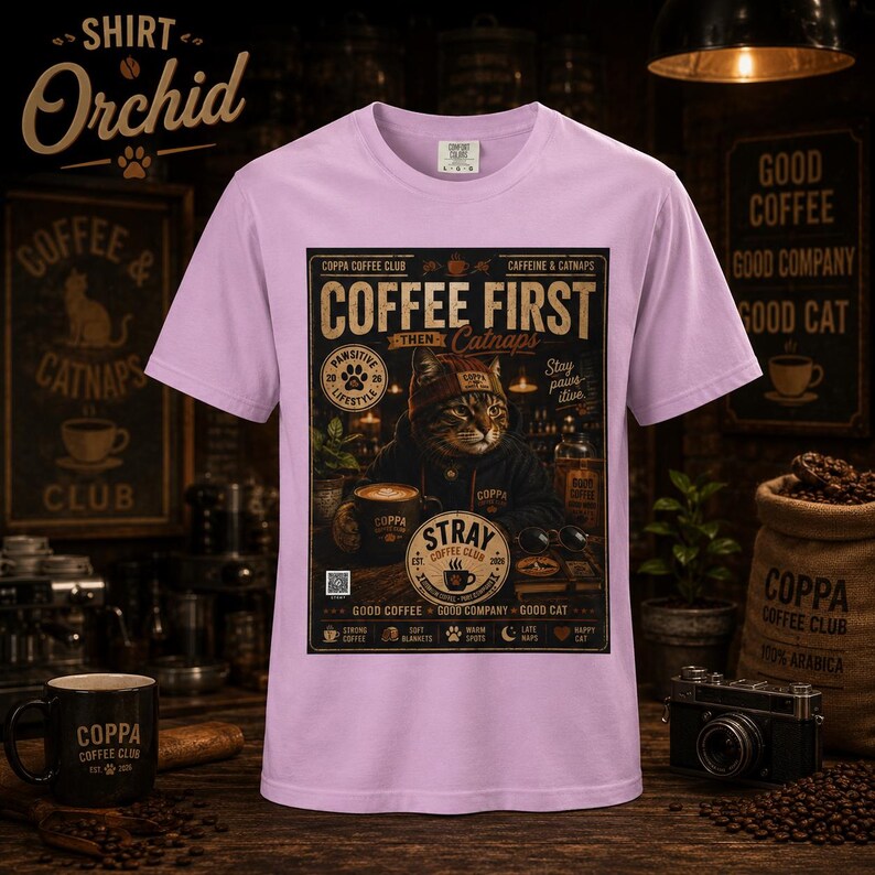May include: A light purple short-sleeve t-shirt featuring a graphic print of a cat wearing a beanie and hoodie. The text reads COFFEE FIRST THEN Catnaps, COPPA COFFEE CLUB, and other details. The design includes coffee-themed icons and text.