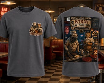 Custom Unisex Pug Shirt, Spooky Diner Pug and Cat Halloween Tee, Retro Graphic Tee, Dog Cat Lover Gift, Graveyard Diner Open Late