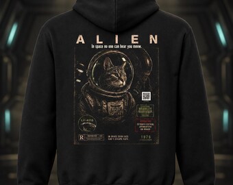 Custom Unisex Space Cat Hoodie, Funny Astronaut Cat Zip Up, Vintage Sci Fi Movie Poster Hoodie, Cat Lover Gift, No One Can Hear You Meow