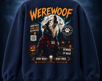 Custom Unisex Werewolf Sweatshirt, Halloween Dog Crewneck, Spooky Dog Werewolf Paw Print, Werewoof Halloween Dog Lover Gift