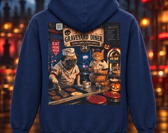 Unisex Pug Hoodie, Graveyard Diner Open Late, Spooky Diner Pug and Cat