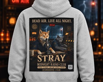 Unisex Spooky Pet Hoodie, Shiba Inu and Cat Radio Hoodie, Halloween Music DJ Hoodie, Dog Cat Lover Gift, Dead Air Live All Night