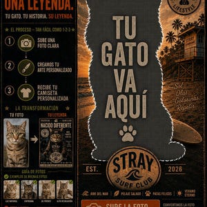May include: A dark-themed informational poster for Stray Surf Club featuring a cat silhouette with the text TU GATO VA AQUI. It includes instructions for custom cat art, photo submission guidelines, a sunset beach background, and brand logos.