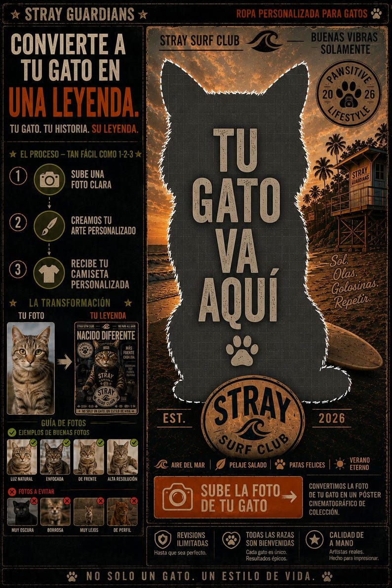 May include: A dark-themed informational poster for Stray Surf Club featuring a cat silhouette with the text TU GATO VA AQUI. It includes instructions for custom cat art, photo submission guidelines, a sunset beach background, and brand logos.
